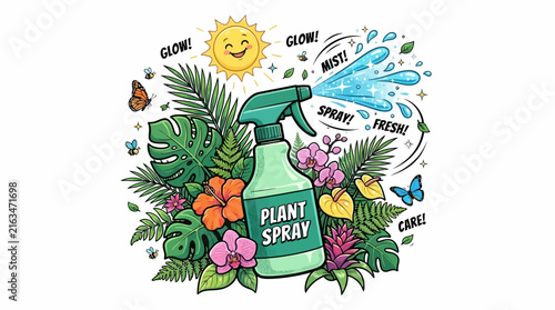 Vibrant Plant Spray Design with Tropical Elements and Sun.