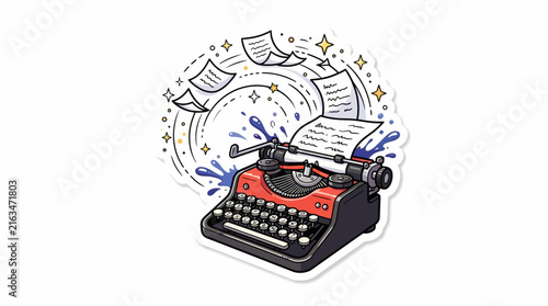 Vintage Typewriter with Papers and Ink Splashes Illustration.