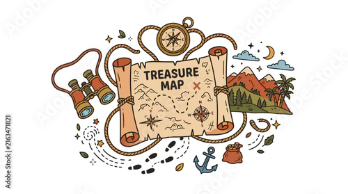 Vintage Treasure Map with Compass and Binoculars Illustration.