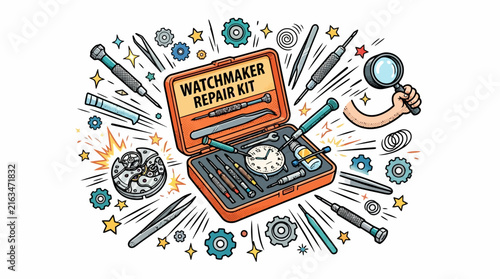 Watchmaker Repair Kit with Tools and Accessories Illustration.
