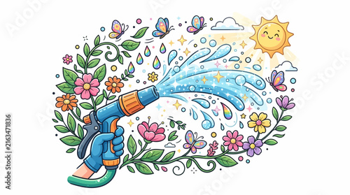 Water Spraying Hand with Flowers and Butterflies Illustration.