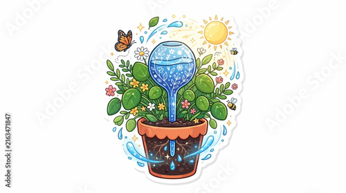 Watering Can with Butterfly in Garden Setting.