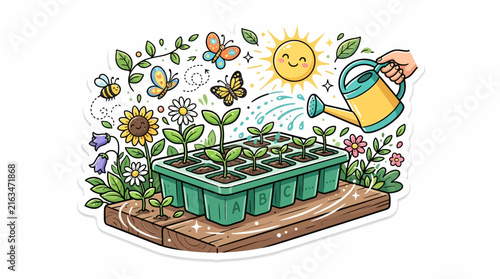 Watering plants in a garden bed with sunshine.