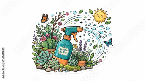 Watering Plants with Spray Bottle in Garden Scene.