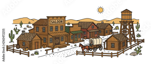 Vintage Wild West Town Scene with Saloon and Wagon
