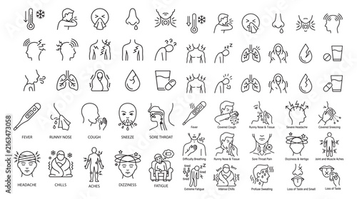 Medical Symptoms and Illness Line Art Icons Set Showing Fever, Cough, Sneeze, Headache and Respiratory Signs