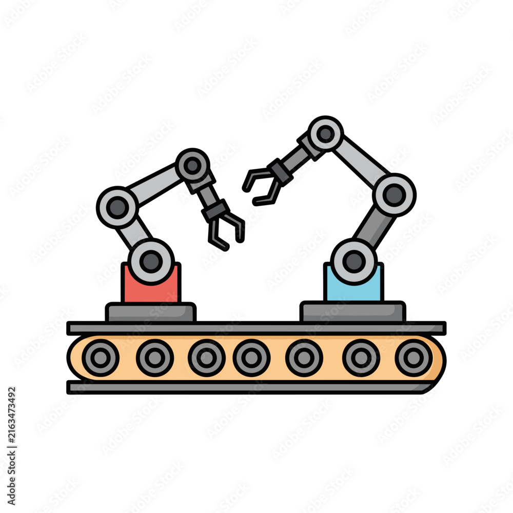 Fototapeta premium Robotic industrial arms operating on a conveyor belt assembly line