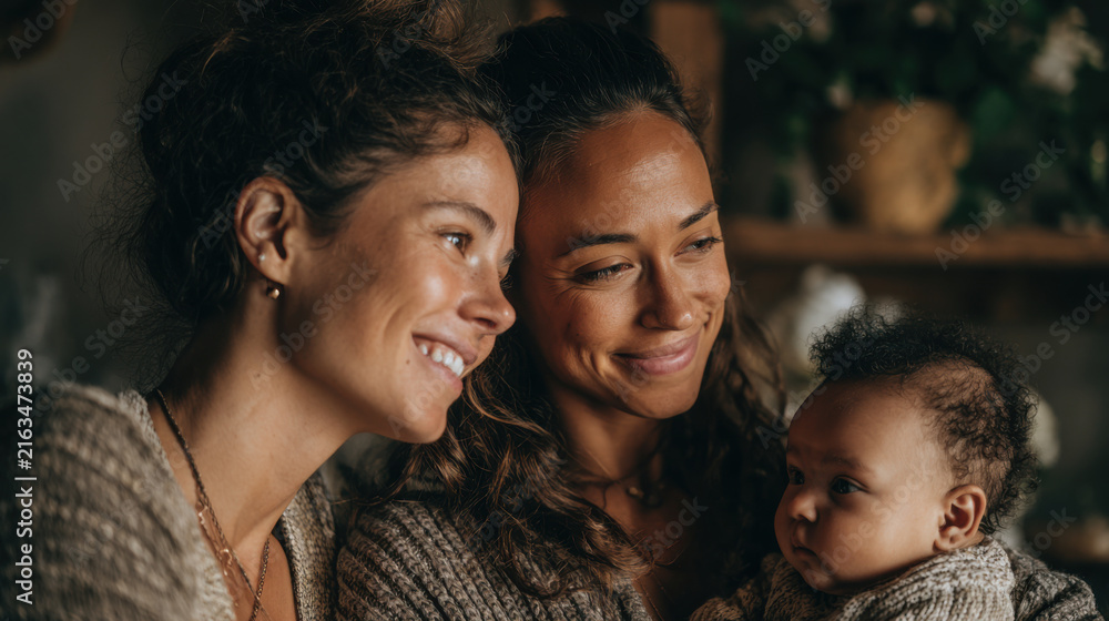 Obraz premium Two women and a baby share a tender moment at home, symbolizing family and love