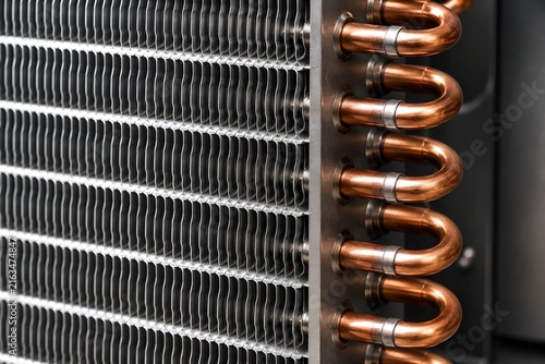 Macro View of Heat Exchanger Coil with Copper Refrigerant U-Bends