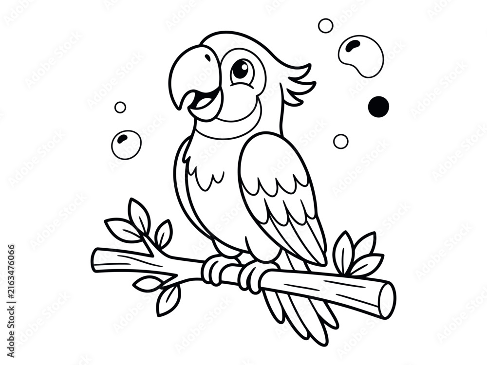 Fototapeta premium Charming parrot perched on a branch with bubbles illustration in black and white line art silhouette