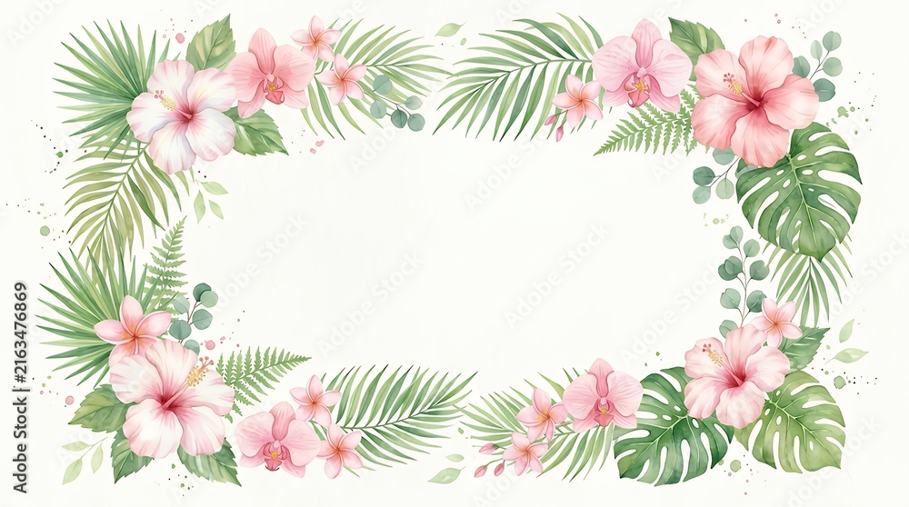 Fototapeta premium Elegant pink watercolor tropical flower frame border with palm leaves and empty center copy space background tropical flower pink leaf green frame border botanical watercolor white background plant