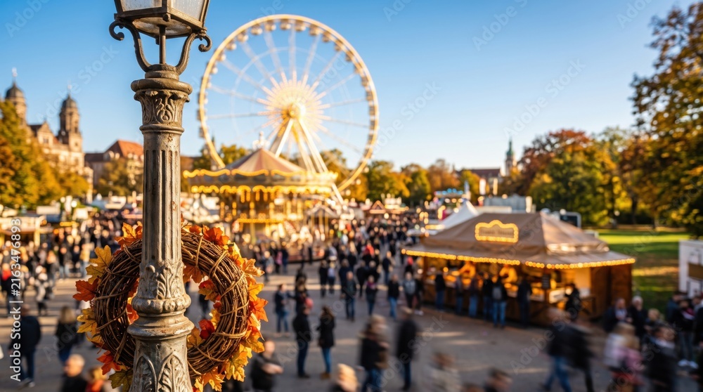 Obraz premium Busy autumn fairground with Ferris wheel, market stalls and decorative harvest wreath in the foreground