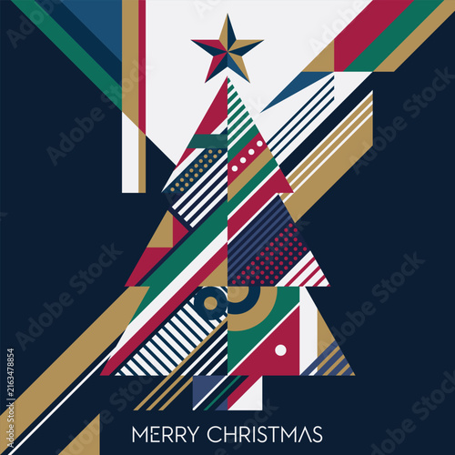 Merry Christmas greeting card with abstract geometric Christmas tree on navy blue background modern retro style square template