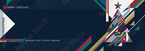 Merry Christmas greeting banner with abstract geometric Christmas tree on navy blue background modern retro style horizontal template have blank space.
