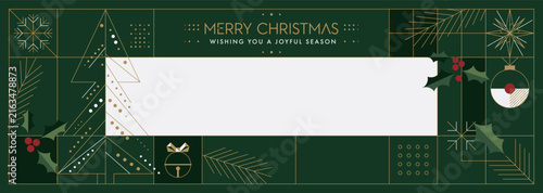 Merry Christmas greeting banner with abstract geometric elements and blank horizontal frame on green background modern retro style