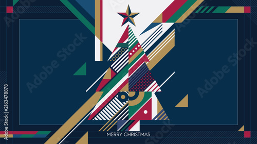 Merry Christmas with abstract geometric Christmas tree on navy blue frame background modern retro style horizontal template have blank space.
