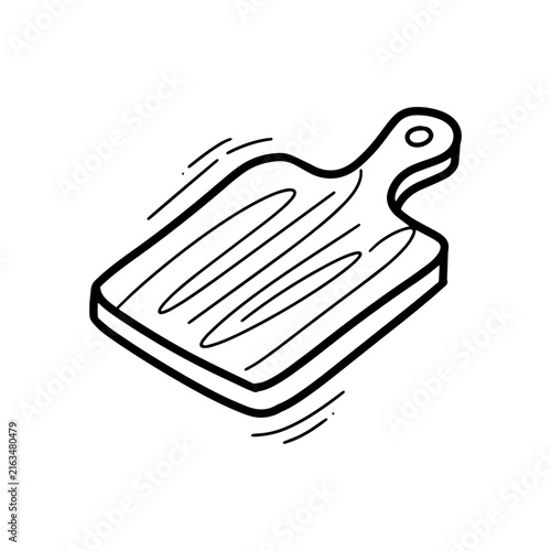 Hand drawn illustration of a wooden cutting board with handle, representing kitchen tools, food preparation, cooking, culinary work and home utensils.