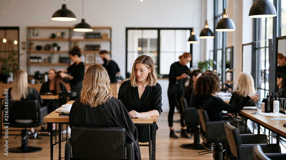 Obraz premium Busy modern hair salon with professional stylists serving diverse clients, haircutting, coloring, blow-drying and consultations happening throughout the space, vibrant beauty