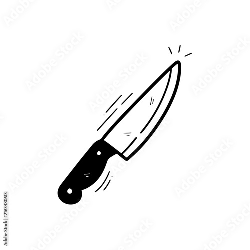 Hand drawn illustration of a kitchen knife with a sharp blade and black handle, representing cooking, food preparation, cutting and kitchen utensils.