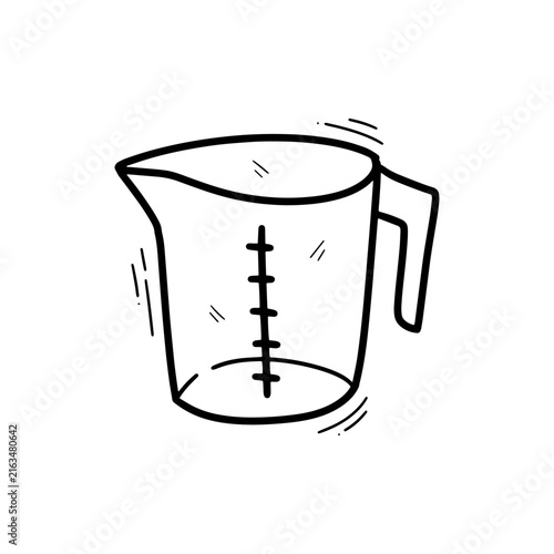 Hand drawn illustration of a measuring cup with handle and measurement markings, representing baking, cooking, ingredients, recipes and kitchen tools.