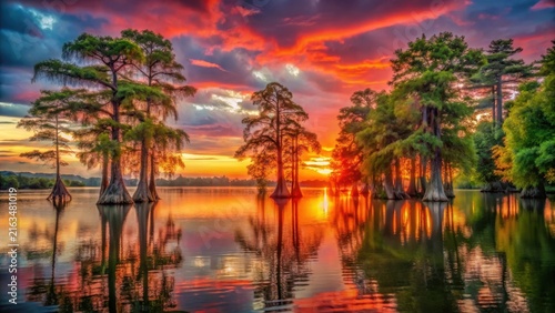 A fiery crimson sunset glows behind lush cypress trees along the tranquil mississippi river near portage des sioux missouri