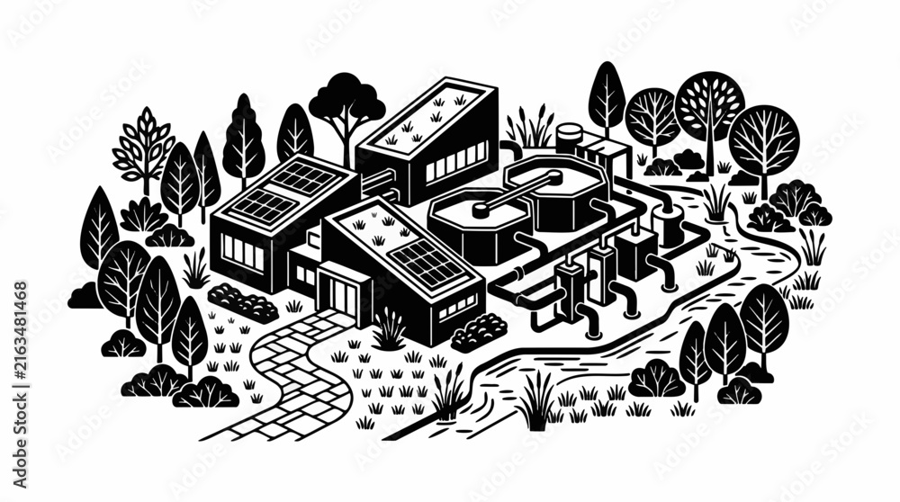 Fototapeta premium Water treatment plant facility with solar panels and circular filtration tanks is shown in line art.