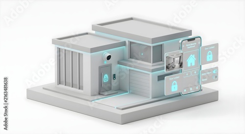 3D Render of Smart Home with Security Camera and Lock Icon, Home Automation Security Concept