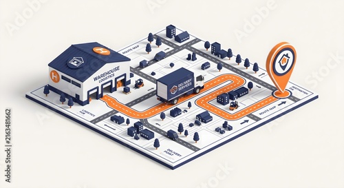 3D Isometric Render of Delivery Truck with Warehouse and Route Map, Supply Chain Logistics Concept