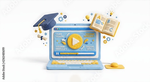 3D Render of Laptop with Graduation Cap and Open Book, Online Learning Education Concept