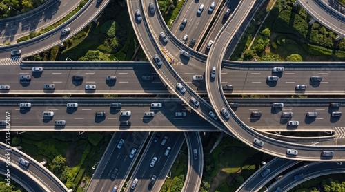 Aerial view of complex highway interchange with busy traffic and multi-level overpasses