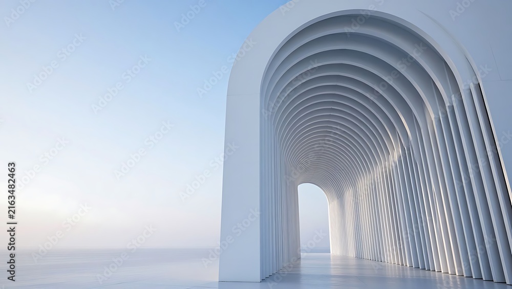 Obraz premium Minimalist white archway tunnel corridor leading to a clear open horizon under soft morning light
