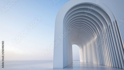Minimalist white archway tunnel corridor leading to a clear open horizon under soft morning light