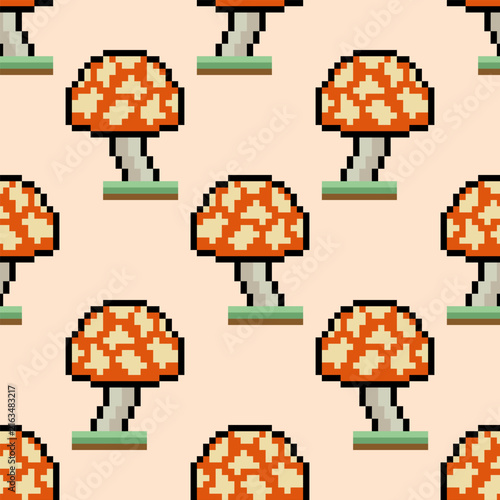 Seamless pattern with mushroom pixel art