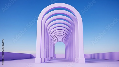 Minimalist violet archway corridor stretching toward clear blue horizon under bright natural daylight sky perspective