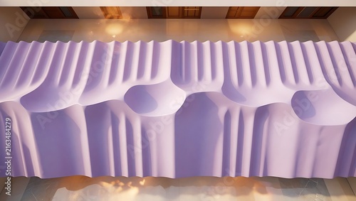 Abstract lavender fabric sculpture featuring rhythmic vertical pleats and smooth concave depressions in architectural interior