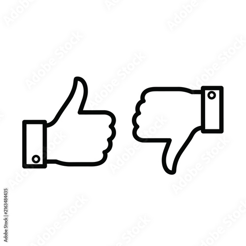 Black line vector illustration showing thumbs up and thumbs down