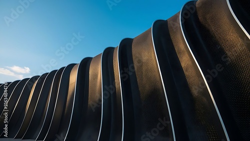 Wavy metallic architectural facade featuring perforated texture against clear blue sky during golden hour sunset light