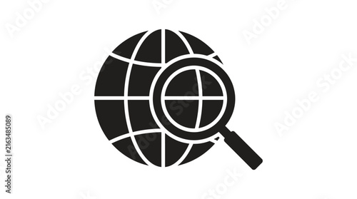 Black vector globe illustration featuring a simple magnifying glass icon design