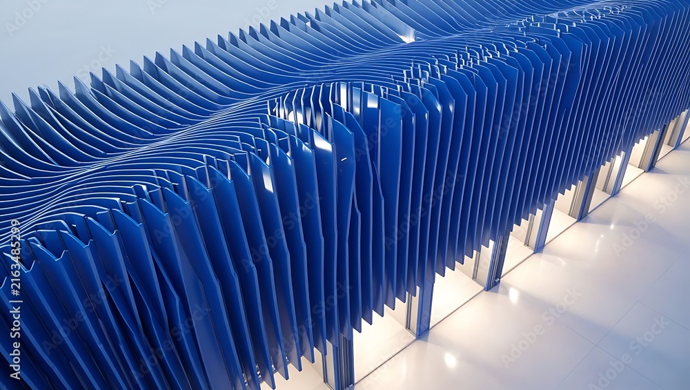Fototapeta premium Abstract architectural structure featuring wavy blue vertical panels creating dynamic rhythmic patterns in modern interior space