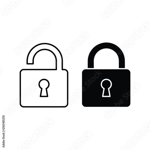 Minimalist black and white vector padlocks showing locked unlocked states