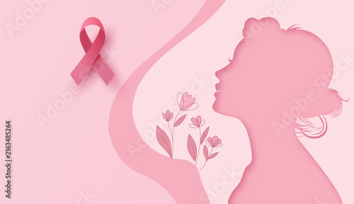 Pink ribbon breast cancer awareness month banner with woman profile in paper cut style