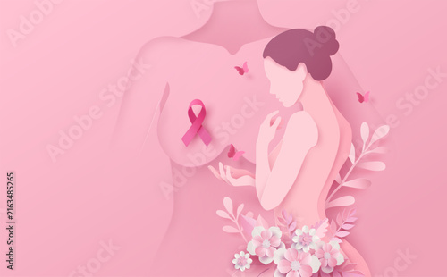 Pink ribbon breast cancer awareness banner with woman silhouette and paper flowers