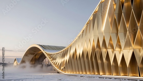 Modern curvilinear golden facade architecture exterior against winter snowy landscape during golden hour sunset light