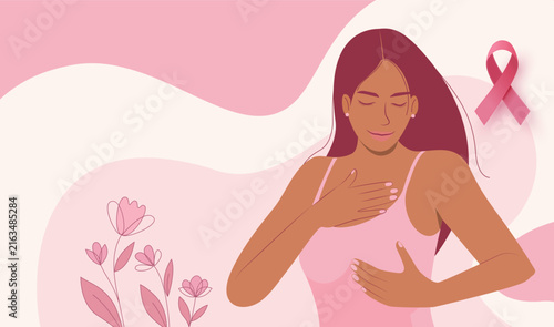 Vector illustration of a thoughtful woman doing self breast exam for cancer detection