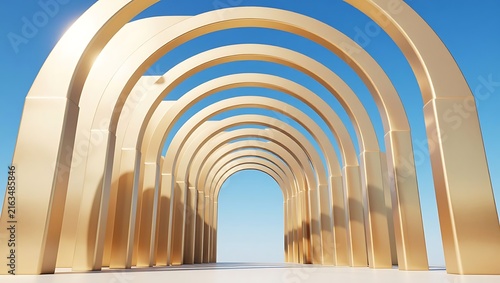 Minimalist golden arched corridor perspective leading toward clear blue sky bright architectural design concept render
