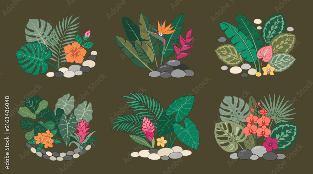 Fototapeta premium Tropical botanical vector illustration set featuring colorful exotic flowers and green palm leaves with river stones