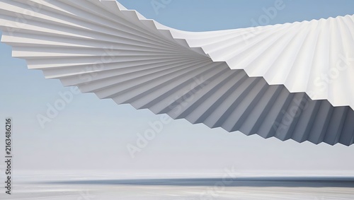 Abstract white pleated architectural structure floating above a vast minimalist desert landscape under clear blue sky