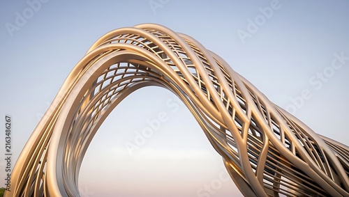 A modern curved metal sculpture featuring an intricate lattice framework against a clear sky background