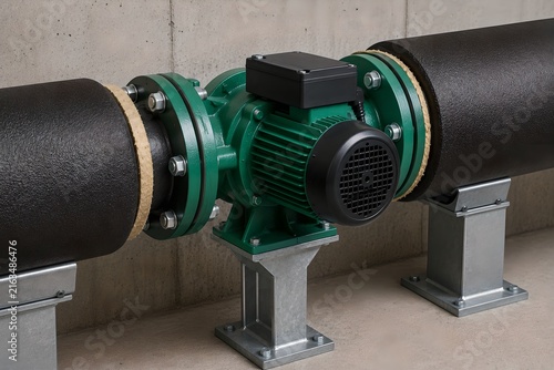 Commercial Hydronic Circulation Pump Between Insulated Pipes in Mechanical Room
