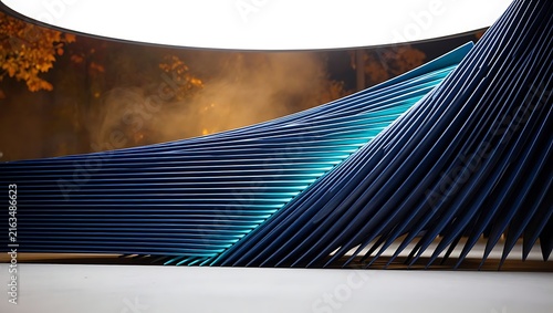 Abstract blue layered structure with illuminated edges positioned on a smooth surface at night